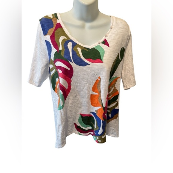 Chico’s Palms Button Detail Cotton Slub Tee 2/L White Blue Pink Colorful Spring - Picture 1 of 8